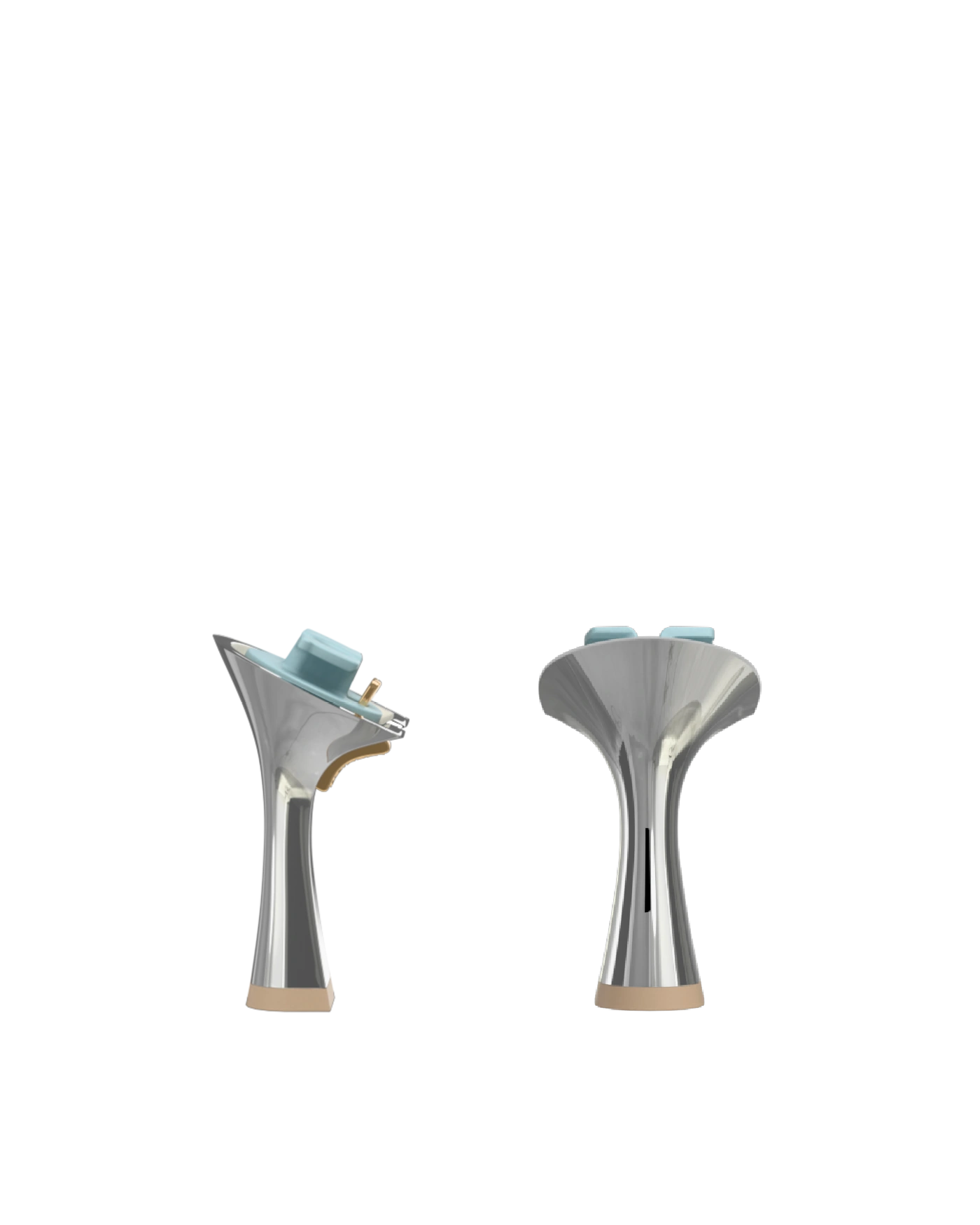 Flare Stiletto Heel Kit 4 Silver Metallic, back view. Pashion convertible heels go from heel to flat and are customizable with interchangeable heel kits.