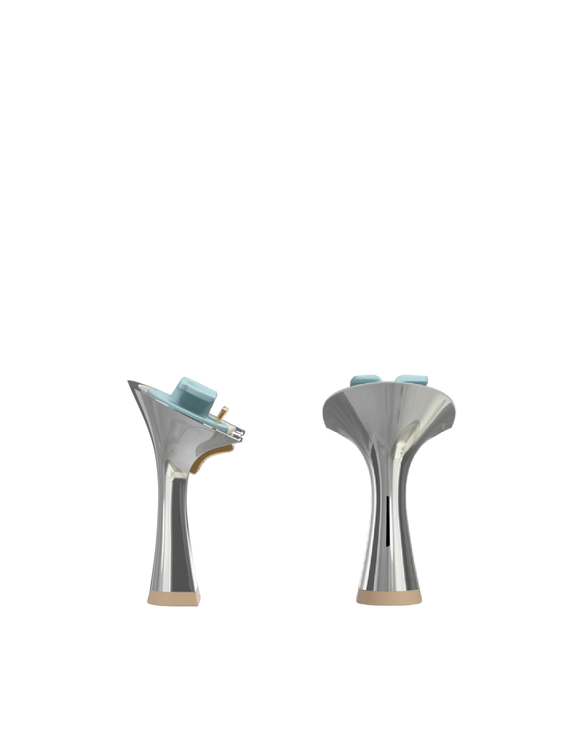 Flare Stiletto Heel Kit 4 Silver Metallic, back view. Pashion convertible heels go from heel to flat and are customizable with interchangeable heel kits.