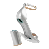 Stelo - Silver Metallic, detail view. Pashion convertible heels go from heel to flat and are customizable with interchangeable heel kits.