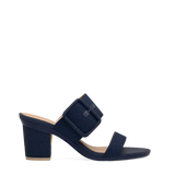 Block Heel Kit 3 Midnight Denim shown on the Slide Buckle Midnight Denim upper. Pashion convertible heels go from heel to flat and are customizable with interchangeable heel kits.