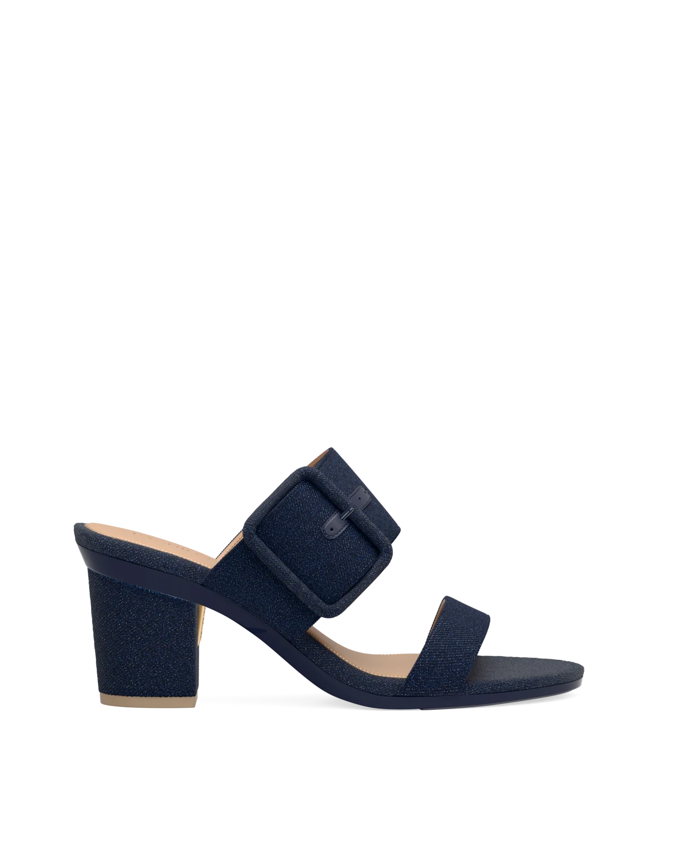 Block Heel Kit 3 Midnight Denim shown on the Slide Buckle Midnight Denim upper. Pashion convertible heels go from heel to flat and are customizable with interchangeable heel kits.