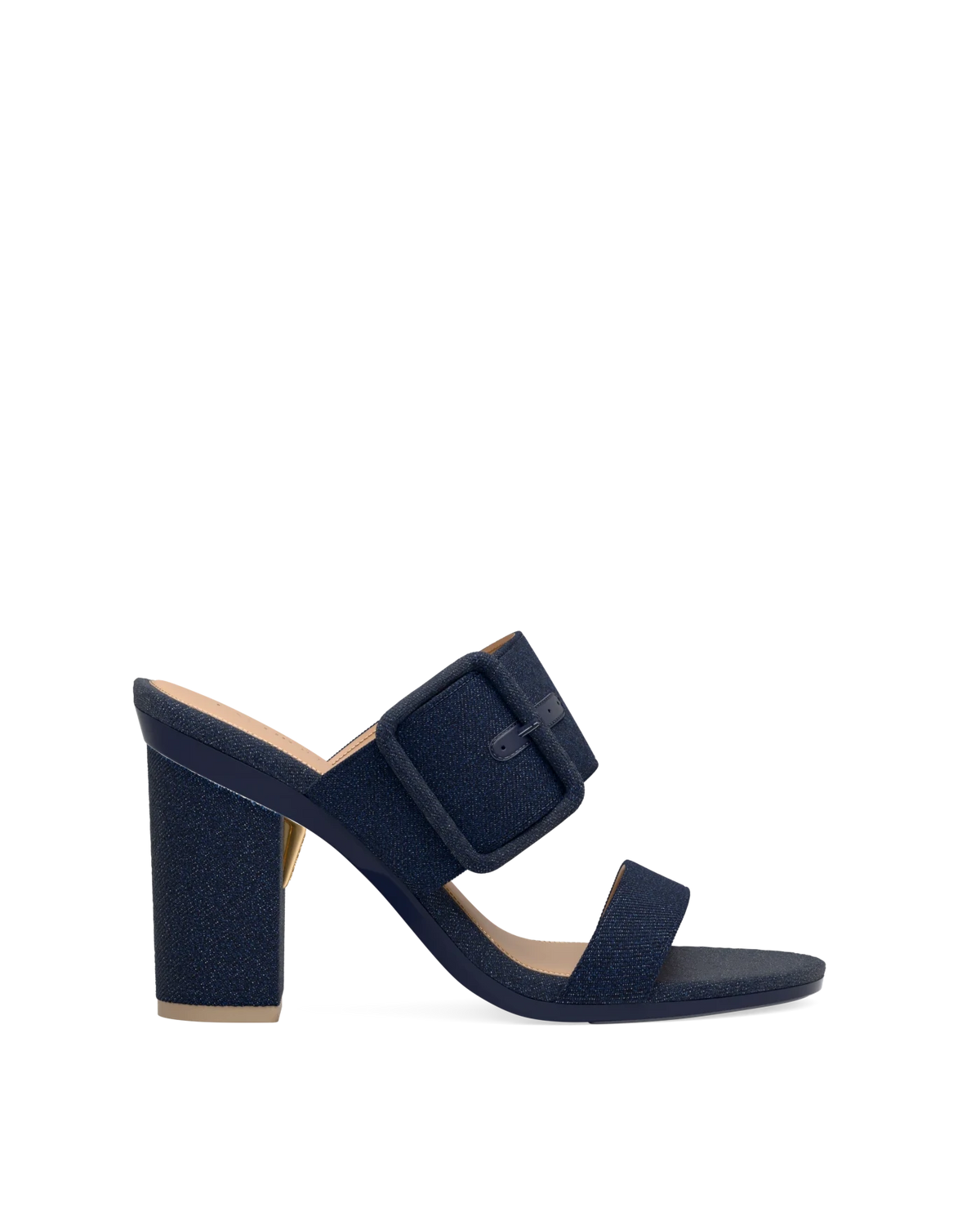 Block Heel Kit 4 Midnight shown on the Slide Buckle Midnight Denim upper. Pashion convertible heels go from heel to flat and are customizable with interchangeable heel kits.