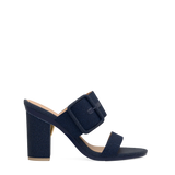 Block Heel Kit 4 Midnight Denim shown on the Slide Buckle Midnight Denim upper. Pashion convertible heels go from heel to flat and are customizable with interchangeable heel kits.
