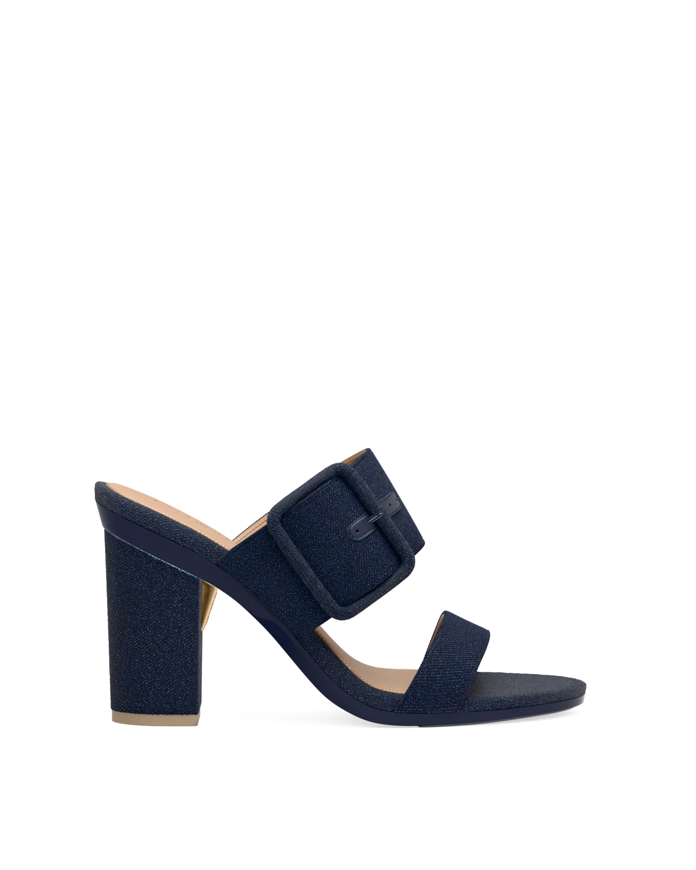 Block Heel Kit 4 Midnight Denim shown on the Slide Buckle Midnight Denim upper. Pashion convertible heels go from heel to flat and are customizable with interchangeable heel kits.