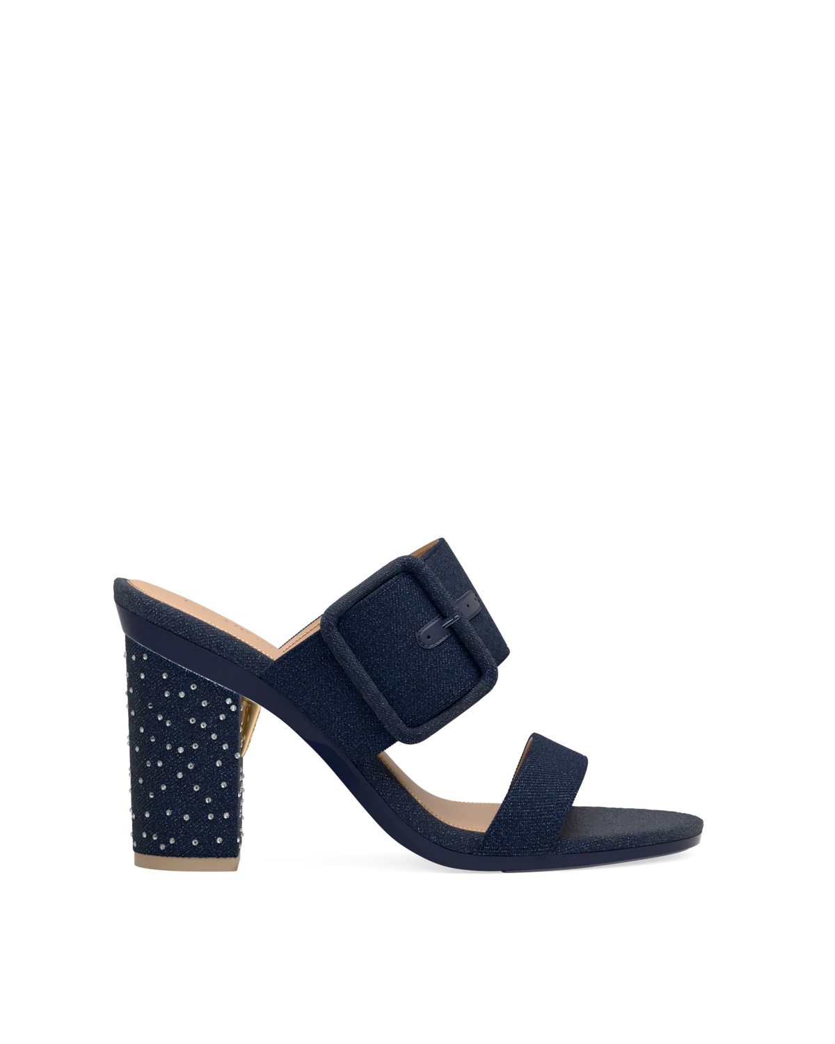 Block Heel Kit 4 Starry Midnight Denim shown on the Slide Buckle Midnight Denim upper. Pashion convertible heels go from heel to flat and are customizable with interchangeable heel kits.