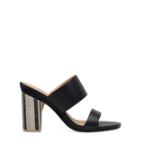 Block Heel Kit 4 Black & White Raffia shown on the Slide Coal Leather upper. Pashion convertible heels go from heel to flat and are customizable with interchangeable heel kits.