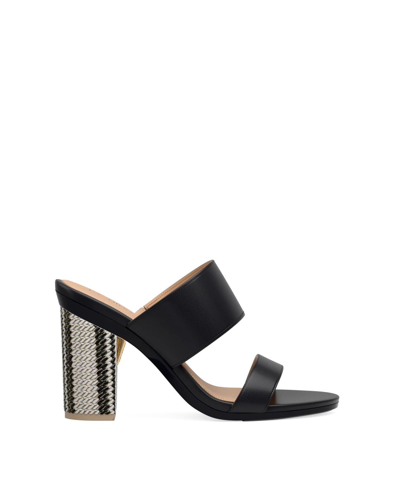 Block Heel Kit 4 Black & White Raffia shown on the Slide Coal Leather upper. Pashion convertible heels go from heel to flat and are customizable with interchangeable heel kits.
