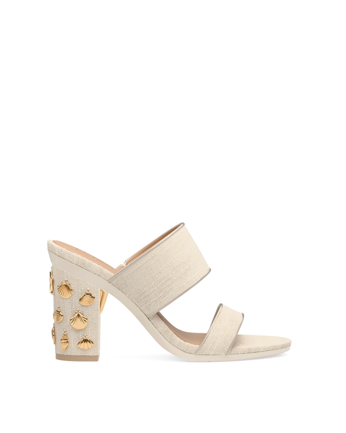 Block Heel Kit 4 Linen Gold Seashell Charm shown on the Slide Ivory Linen upper. Pashion convertible heels go from heel to flat and are customizable with interchangeable heel kits.