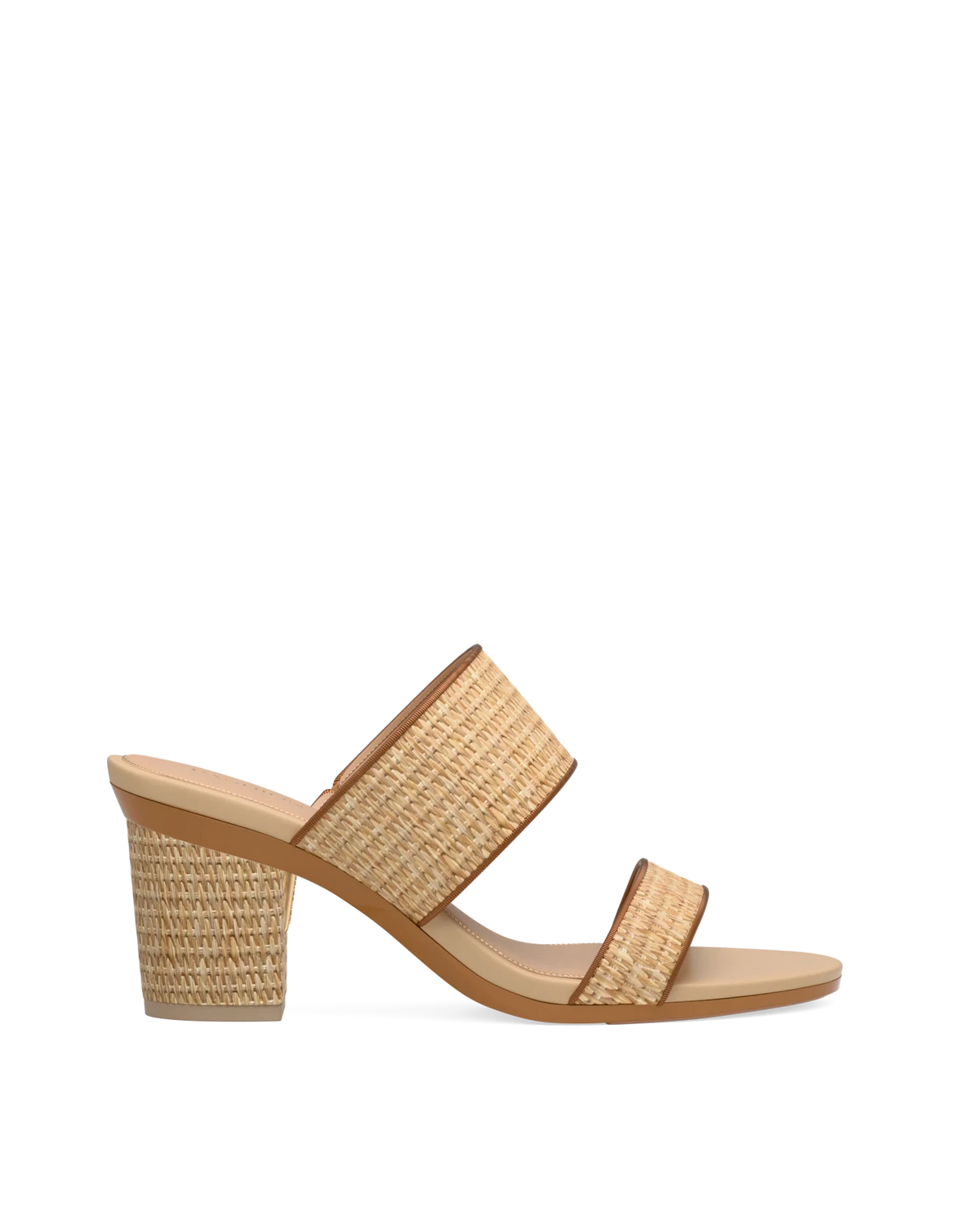 Block Heel Kit 3 Rattan shown on the Slide Rattan & Whiskey upper. Pashion convertible heels go from heel to flat and are customizable with interchangeable heel kits.