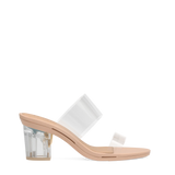 Block Heel Kit 3 Transparent shown on the Slide Transparent PU Sand upper. Pashion convertible heels go from heel to flat and are customizable with interchangeable heel kits.