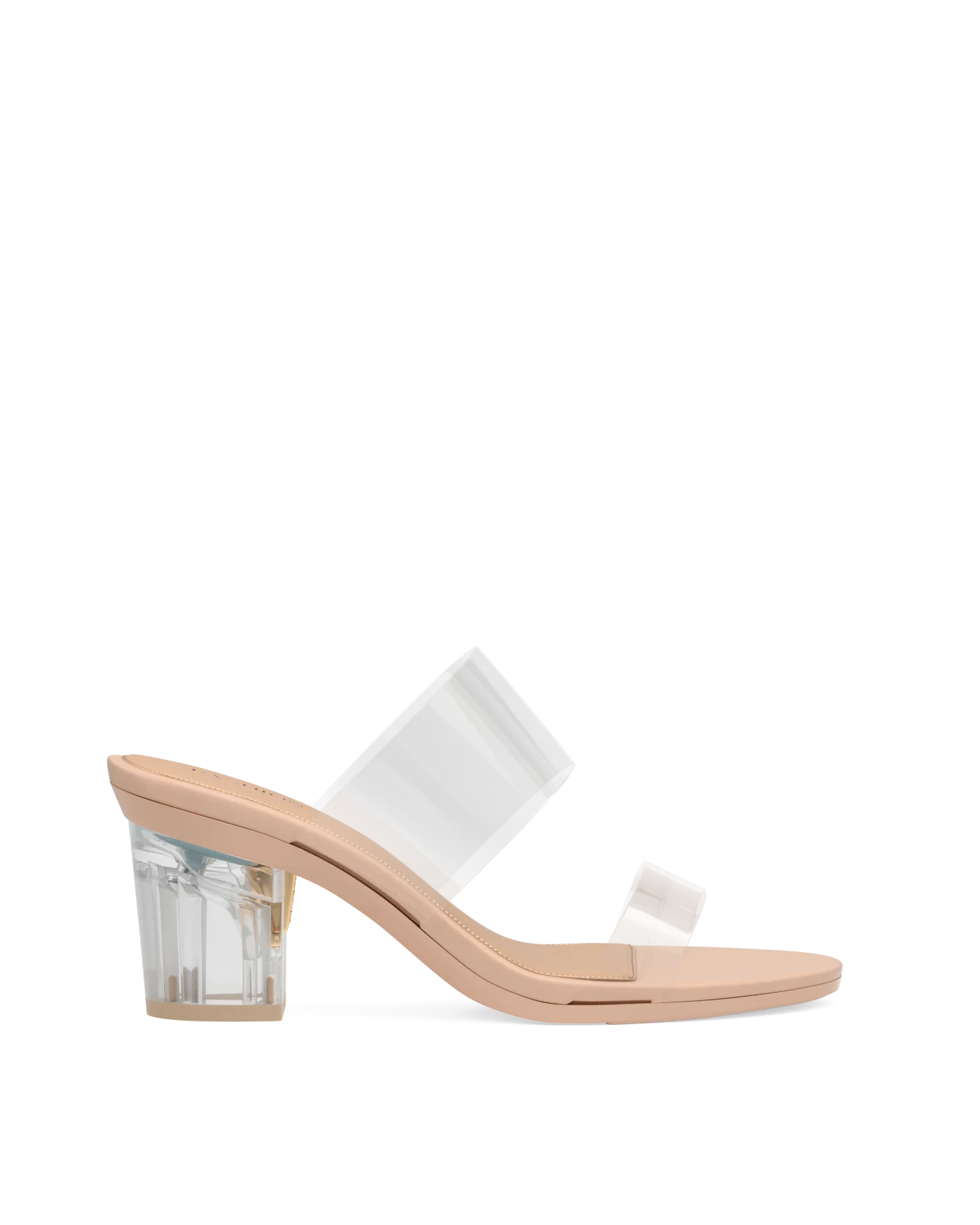 Block Heel Kit 3 Transparent shown on the Slide Transparent PU Sand upper. Pashion convertible heels go from heel to flat and are customizable with interchangeable heel kits.
