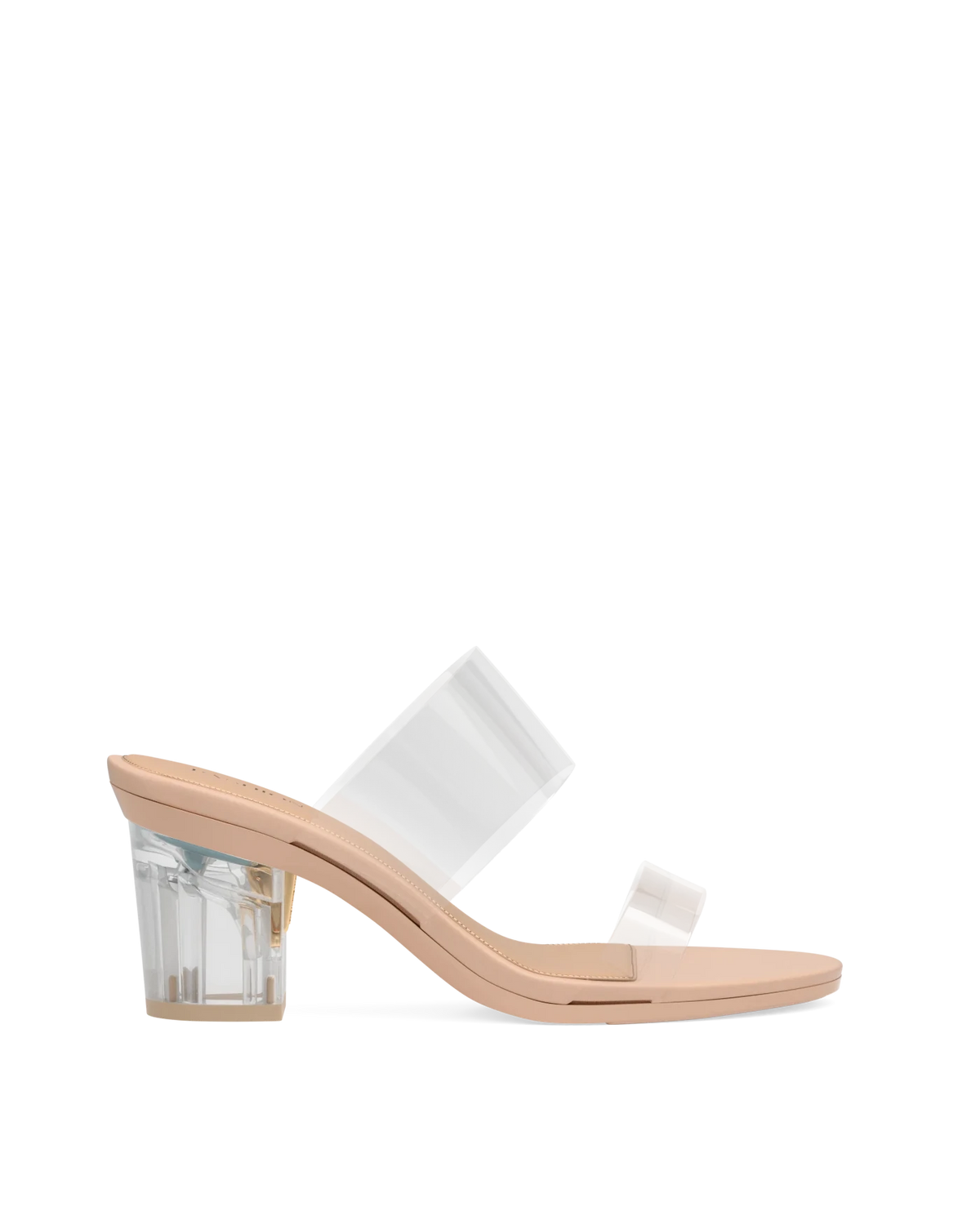 Block Heel Kit 3 Transparent shown on the Slide Transparent PU Sand upper. Pashion convertible heels go from heel to flat and are customizable with interchangeable heel kits.