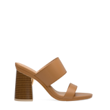 Flare Block Heel Kit 4 Light Wood shown on the Slide Whiskey Leather upper. Pashion convertible heels go from heel to flat and are customizable with interchangeable heel kits.