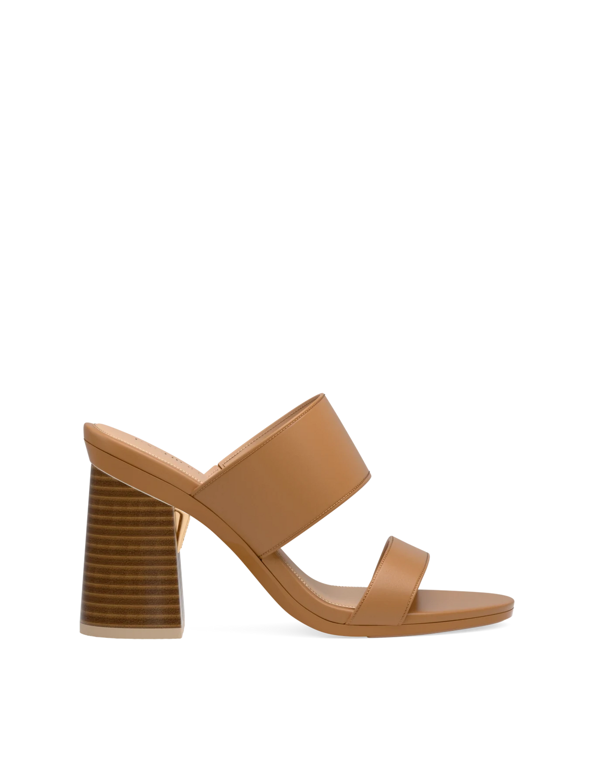 Flare Block Heel Kit 4 Light Wood shown on the Slide Whiskey Leather upper. Pashion convertible heels go from heel to flat and are customizable with interchangeable heel kits.
