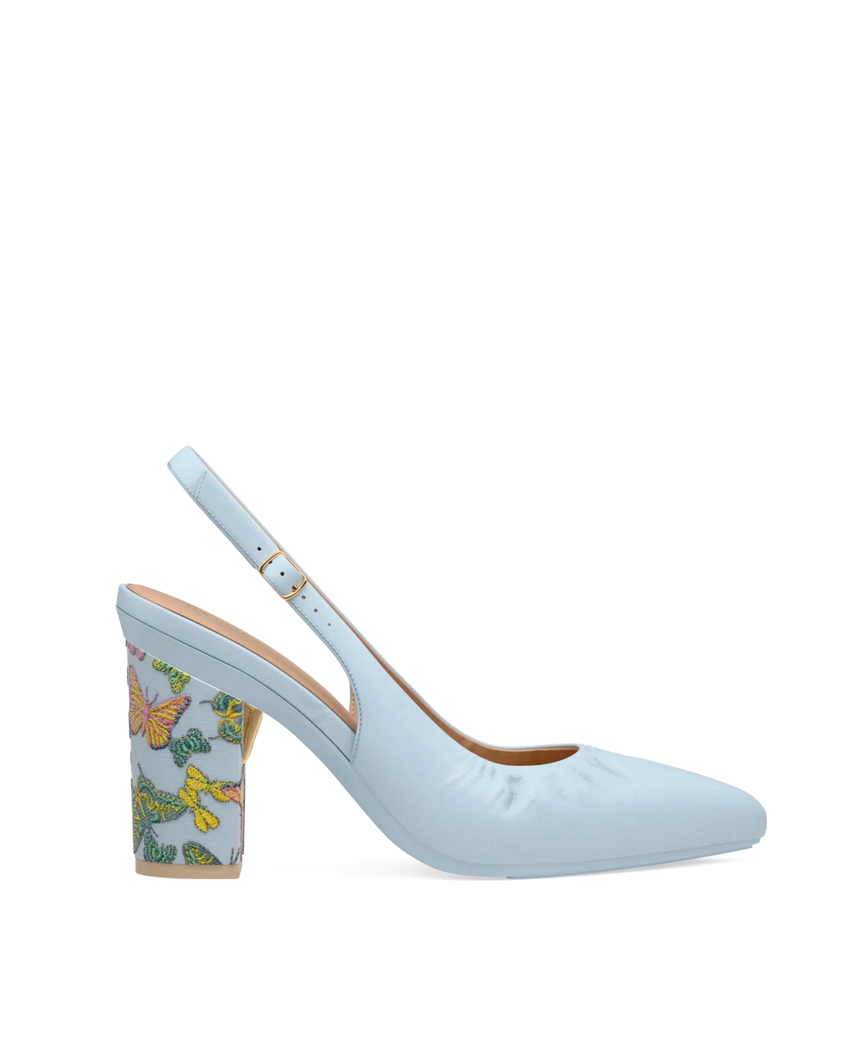 Block Heel Kit 4 Baby Blue Butterfly Embroidery shown on the Slingback Buckle Baby Blue Nappa Leather upper. Pashion convertible heels go from heel to flat and are customizable with interchangeable heel kits.