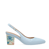 Block Heel Kit 3 Matisse Print shown on the Slingback Buckle Baby Blue Nappa Leather upper. Pashion convertible heels go from heel to flat and are customizable with interchangeable heel kits.