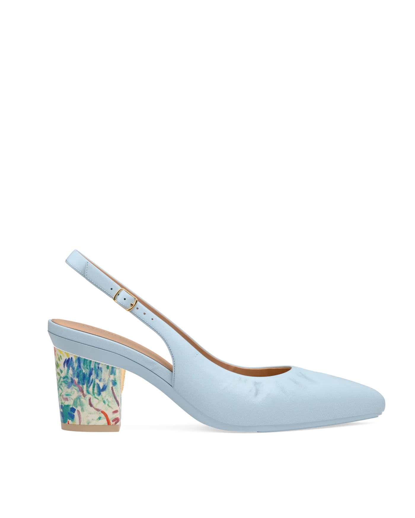 Block Heel Kit 3 Matisse Print shown on the Slingback Buckle Baby Blue Nappa Leather upper. Pashion convertible heels go from heel to flat and are customizable with interchangeable heel kits.