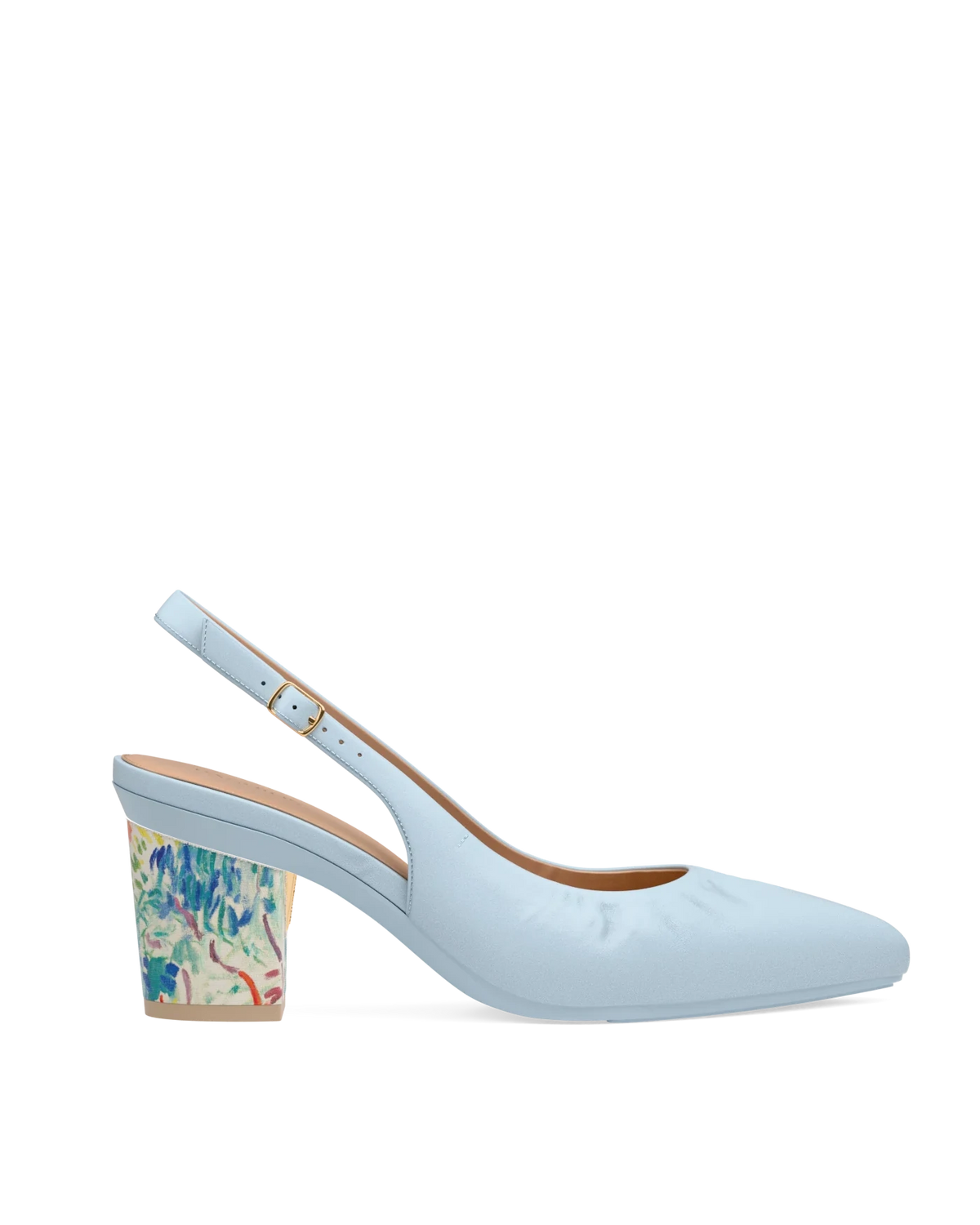 Block Heel Kit 3 Matisse Print shown on the Slingback Buckle Baby Blue Nappa Leather upper. Pashion convertible heels go from heel to flat and are customizable with interchangeable heel kits.