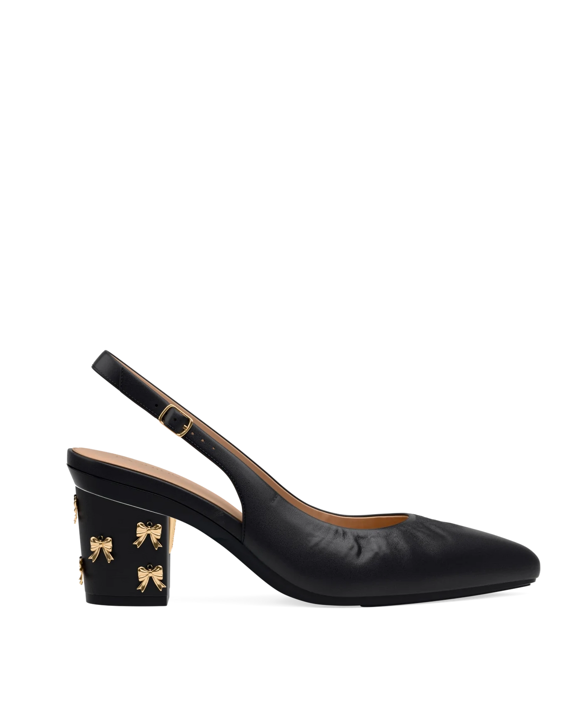 Block Heel Kit 3 Coal Bow Charm shown on the Slingback Buckle Coal Nappa Leather upper. Pashion convertible heels go from heel to flat and are customizable with interchangeable heel kits.