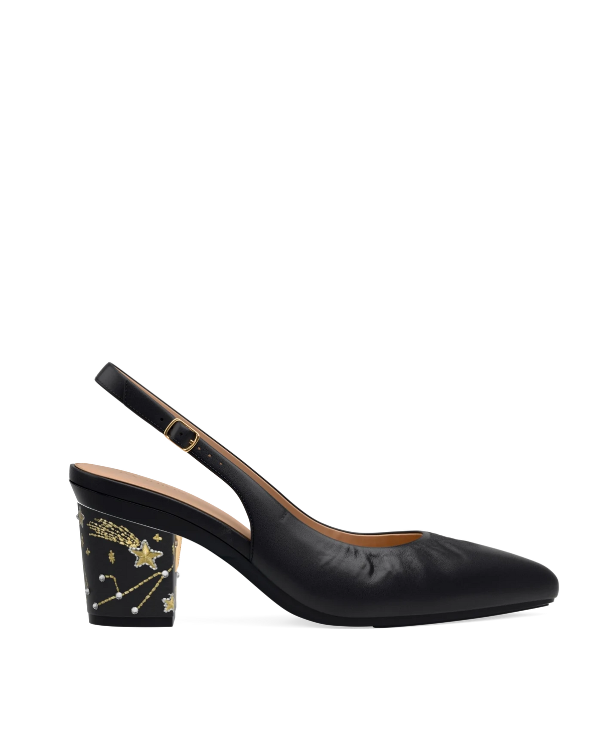Block Heel Kit 3 Coal Constellation Embroidery shown on the Slingback Buckle Coal Nappa Leather upper. Pashion convertible heels go from heel to flat and are customizable with interchangeable heel kits.