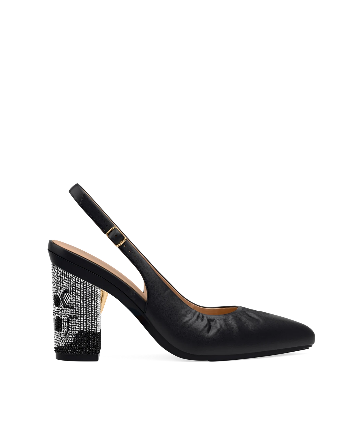 Block Heel Kit 4 Skull Rhinestone shown on the Slingback Buckle Coal Nappa Leather upper. Pashion convertible heels go from heel to flat and are customizable with interchangeable heel kits.