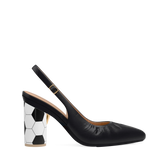 Cylinder Block Heel Kit 4 Soccer Ball shown on the Slingback Buckle Coal Nappa Leather upper. Pashion convertible heels go from heel to flat and are customizable with interchangeable heel kits.