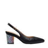 Block Heel Kit 3 Stained Glass shown on the Slingback Buckle Coal Nappa Leather upper. Pashion convertible heels go from heel to flat and are customizable with interchangeable heel kits.