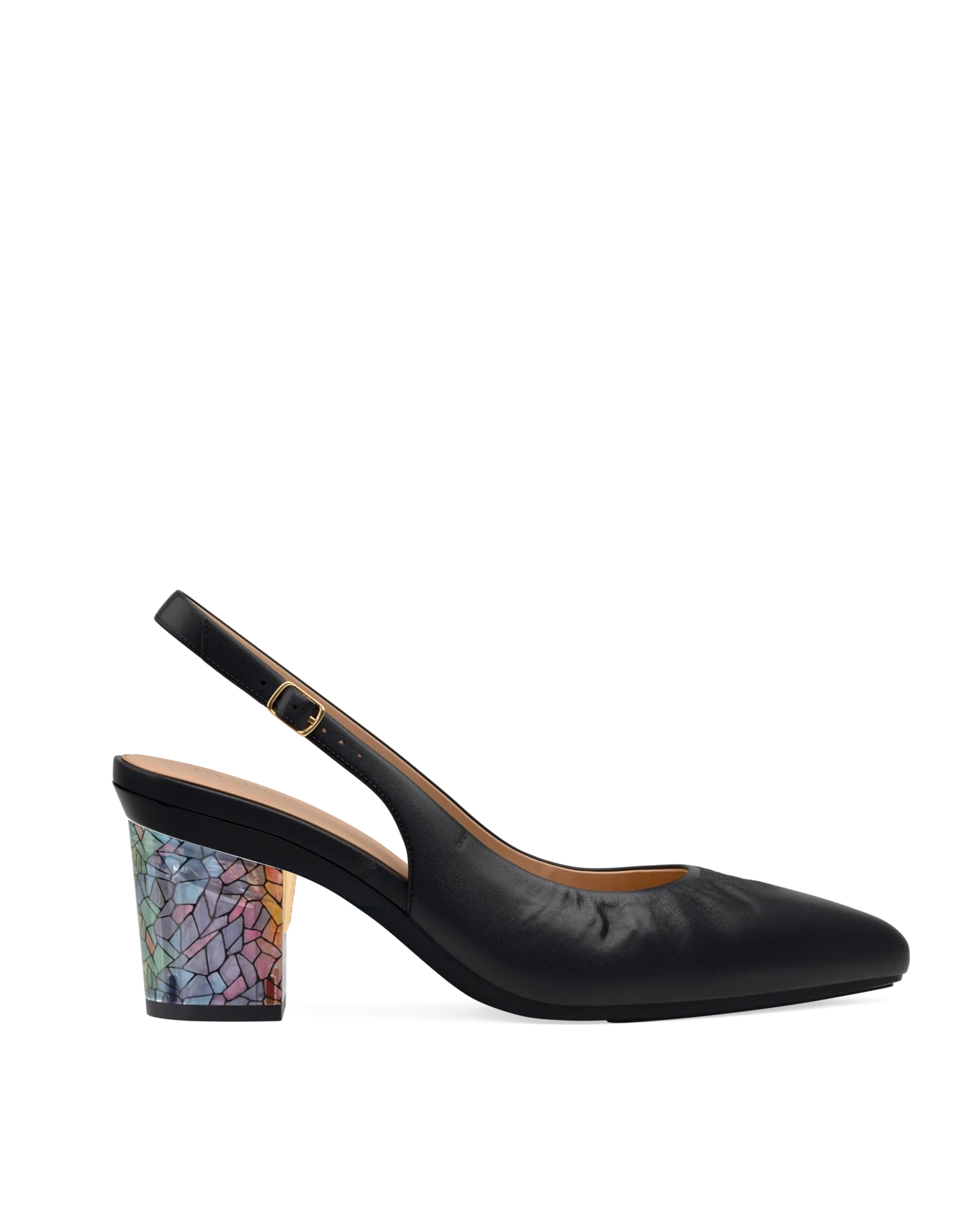 Block Heel Kit 3 Stained Glass shown on the Slingback Buckle Coal Nappa Leather upper. Pashion convertible heels go from heel to flat and are customizable with interchangeable heel kits.