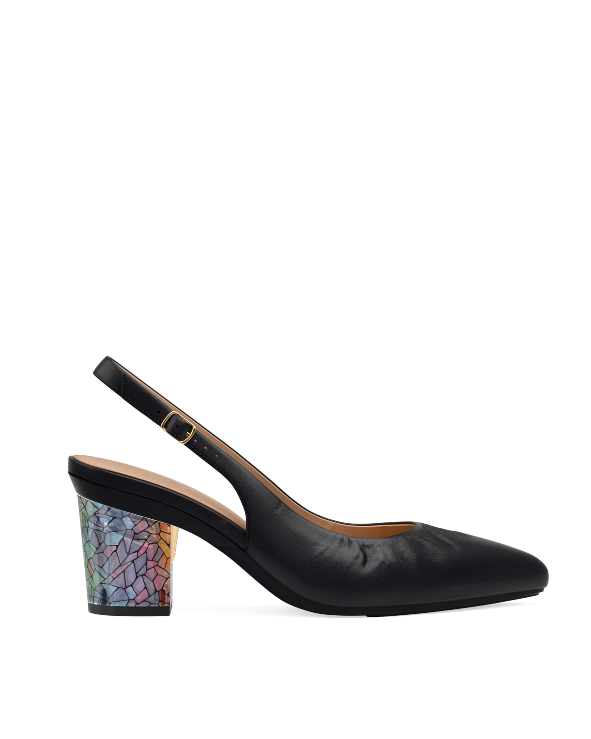 Block Heel Kit 3 Stained Glass shown on the Slingback Buckle Coal Nappa Leather upper. Pashion convertible heels go from heel to flat and are customizable with interchangeable heel kits.