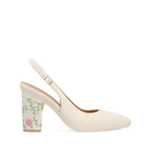 Block Heel Kit 4 Ivory Daisy Embroidery shown on the Slingback Buckle Ivory Nappa Leather upper. Pashion convertible heels go from heel to flat and are customizable with interchangeable heel kits.