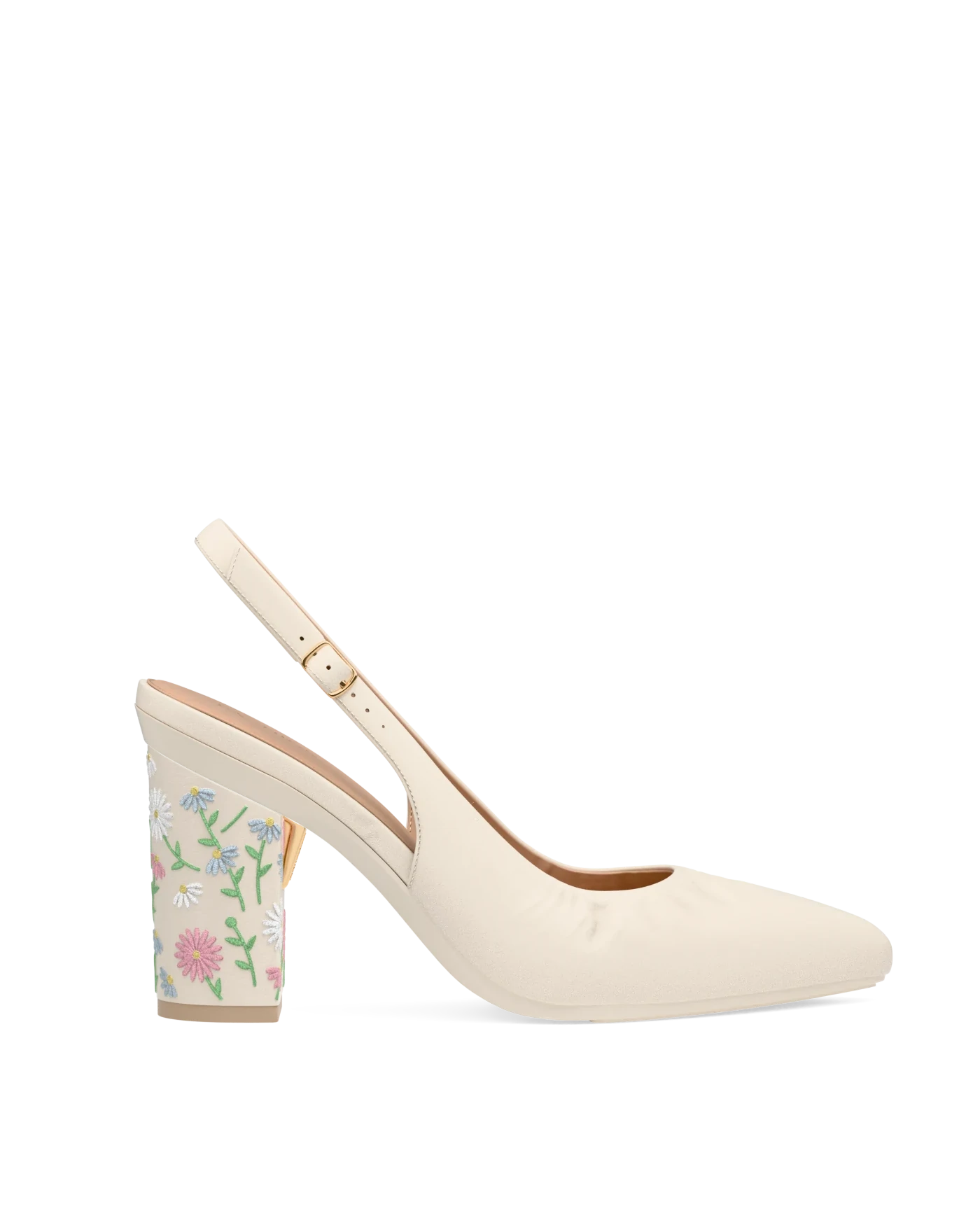 Block Heel Kit 4 Ivory Daisy Embroidery shown on the Slingback Buckle Ivory Nappa Leather upper. Pashion convertible heels go from heel to flat and are customizable with interchangeable heel kits.