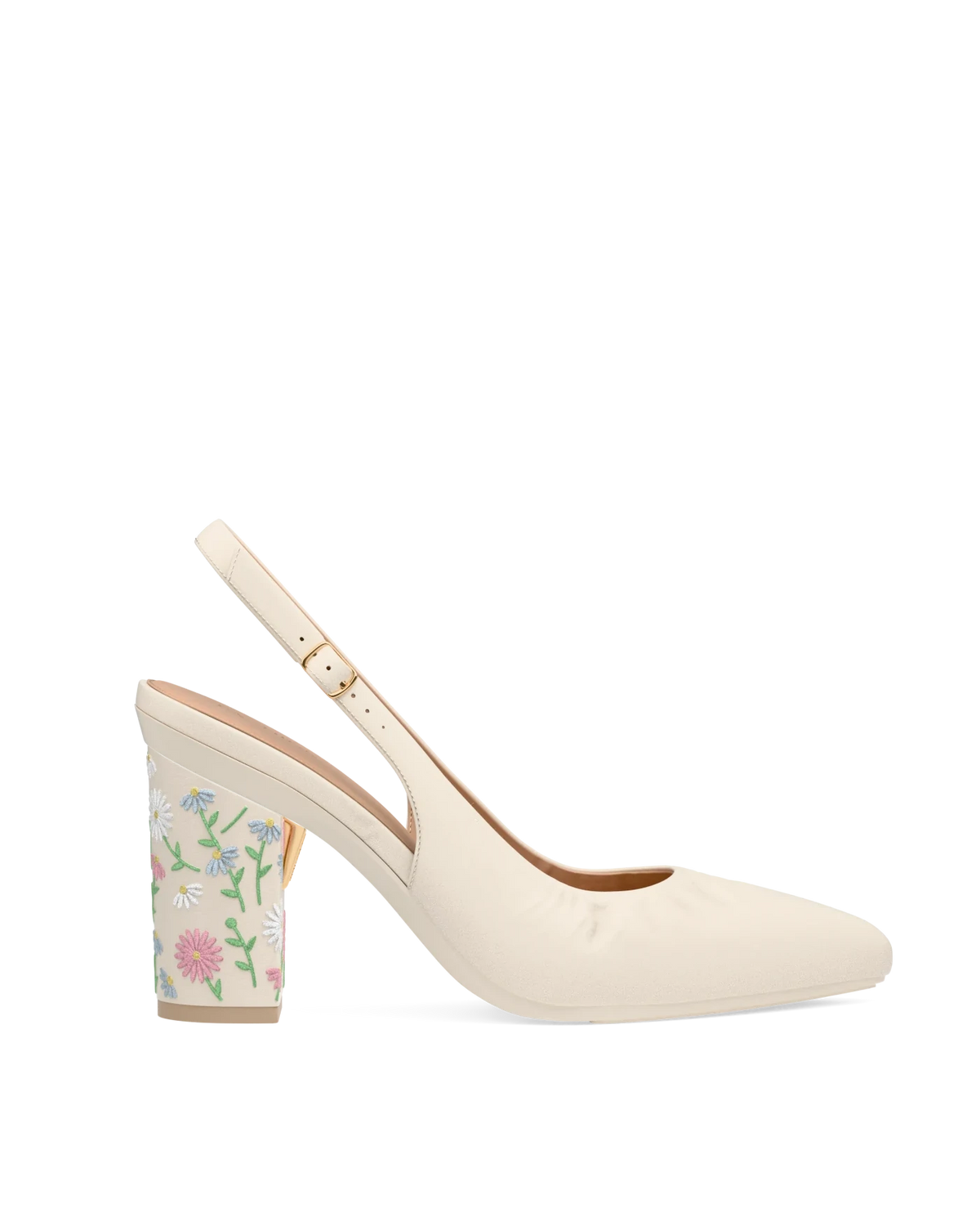 Block Heel Kit 4 Ivory Daisy Embroidery shown on the Slingback Buckle Ivory Nappa Leather upper. Pashion convertible heels go from heel to flat and are customizable with interchangeable heel kits.