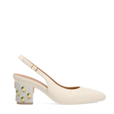 Block Heel Kit 3 Off White Pear Charm shown on the Slingback Buckle Ivory Nappa Leather upper. Pashion convertible heels go from heel to flat and are customizable with interchangeable heel kits.