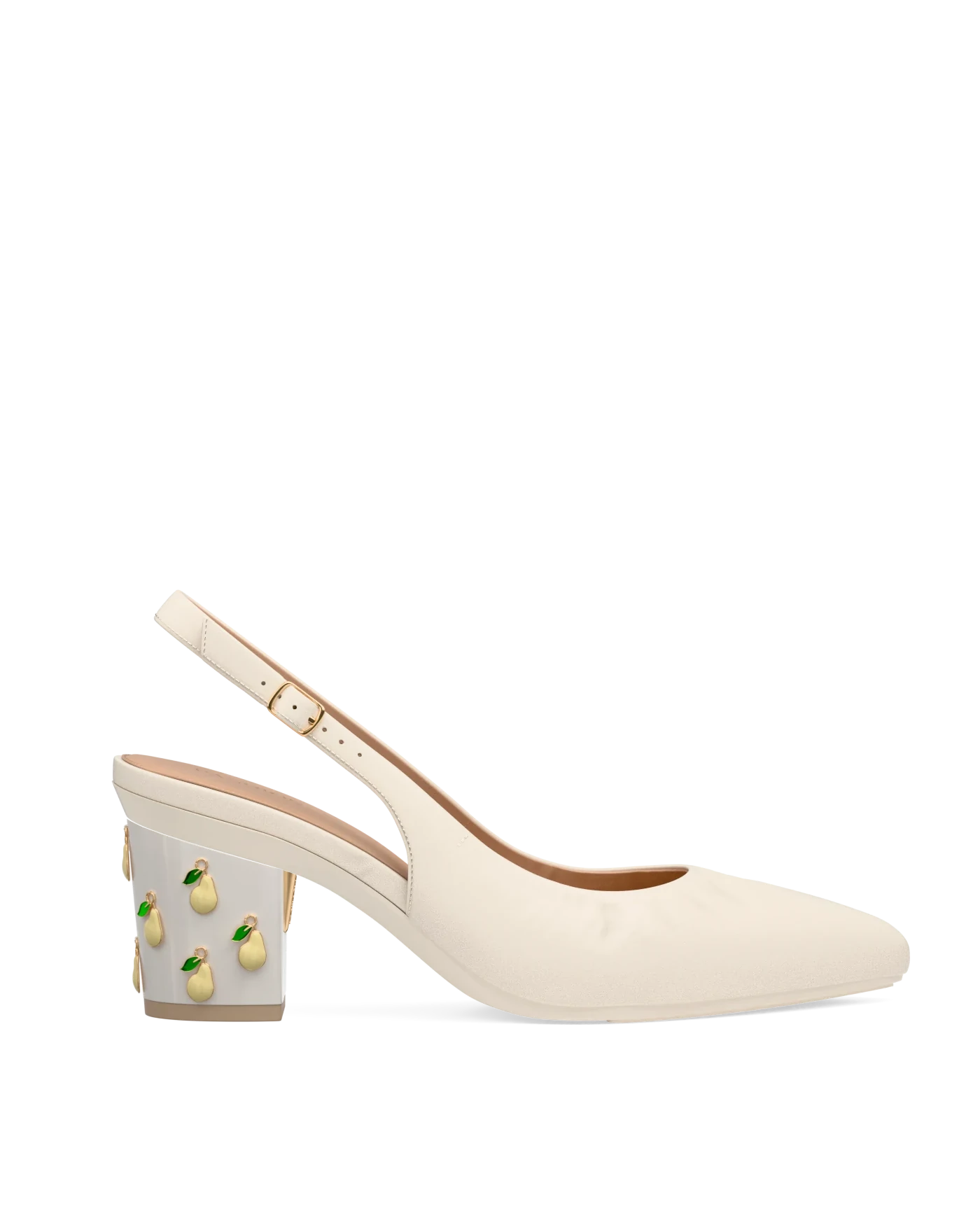 Block Heel Kit 3 Off White Pear Charm shown on the Slingback Buckle Ivory Nappa Leather upper. Pashion convertible heels go from heel to flat and are customizable with interchangeable heel kits.