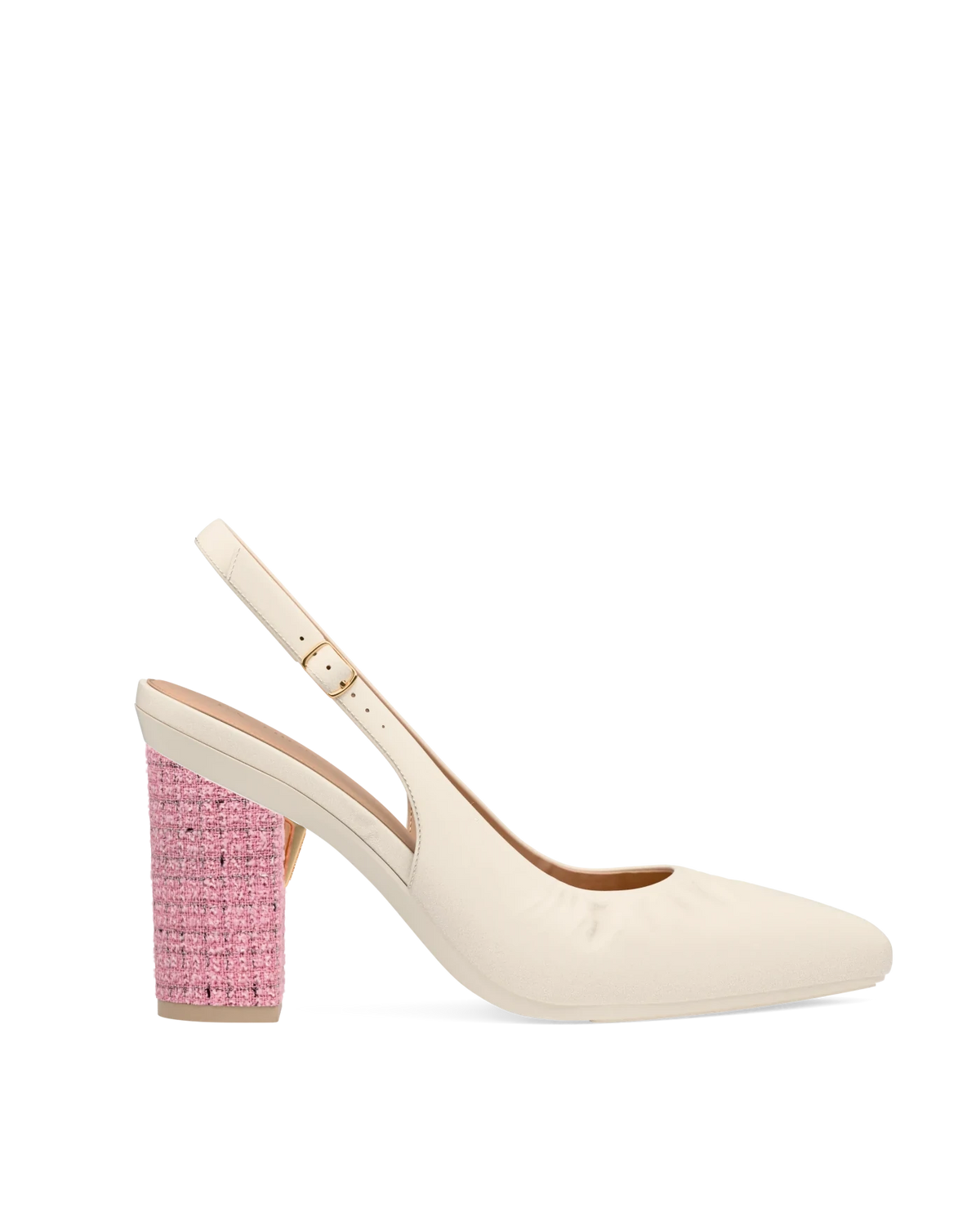Block Heel Kit 4 Pink Tweed shown on the Slingback Buckle Ivory Nappa Leather upper. Pashion convertible heels go from heel to flat and are customizable with interchangeable heel kits.