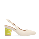 Cylinder Block Heel Kit 3 Tennis Ball shown on the Slingback Buckle Ivory Nappa Leather upper. Pashion convertible heels go from heel to flat and are customizable with interchangeable heel kits.