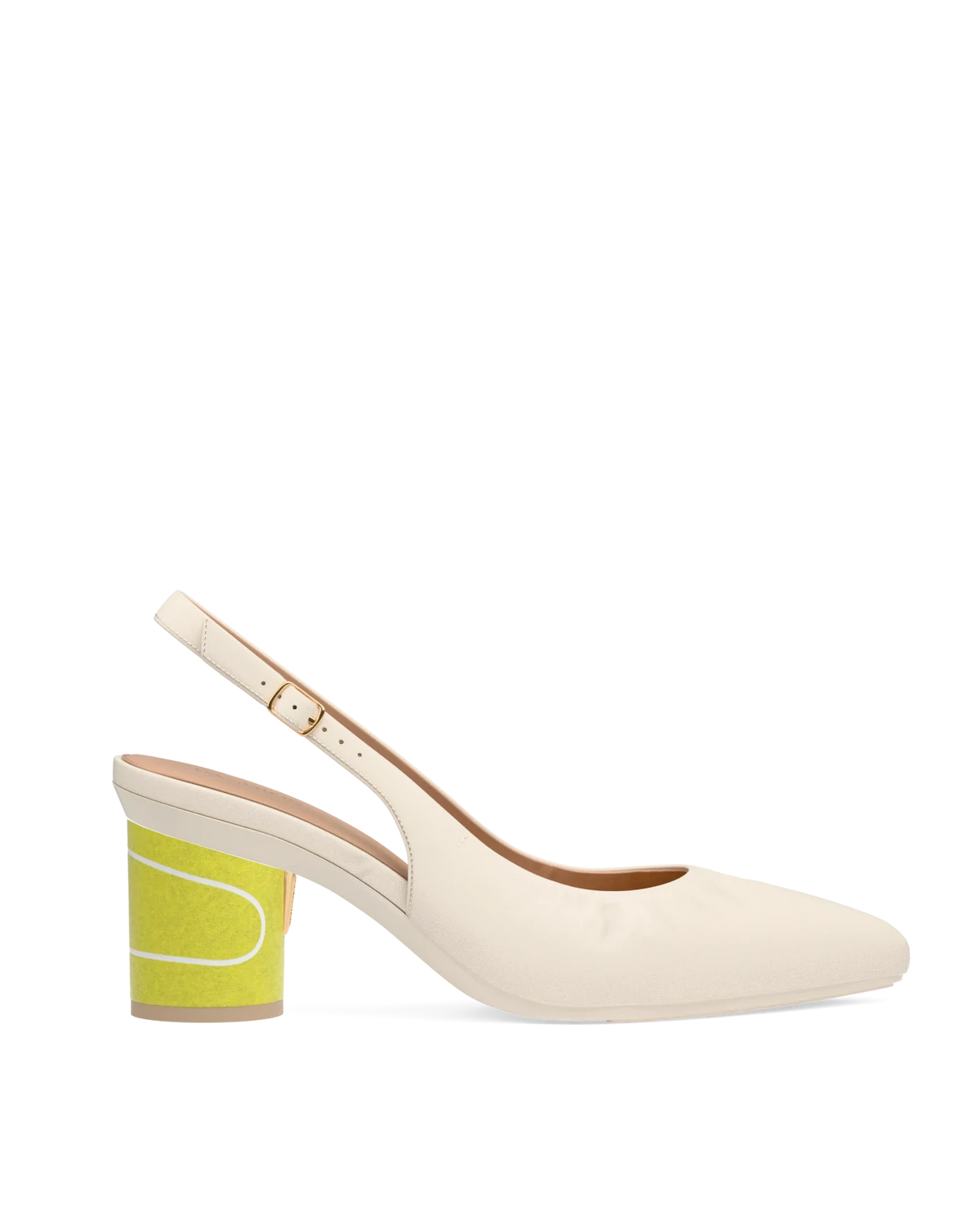 Cylinder Block Heel Kit 3 Tennis Ball shown on the Slingback Buckle Ivory Nappa Leather upper. Pashion convertible heels go from heel to flat and are customizable with interchangeable heel kits.