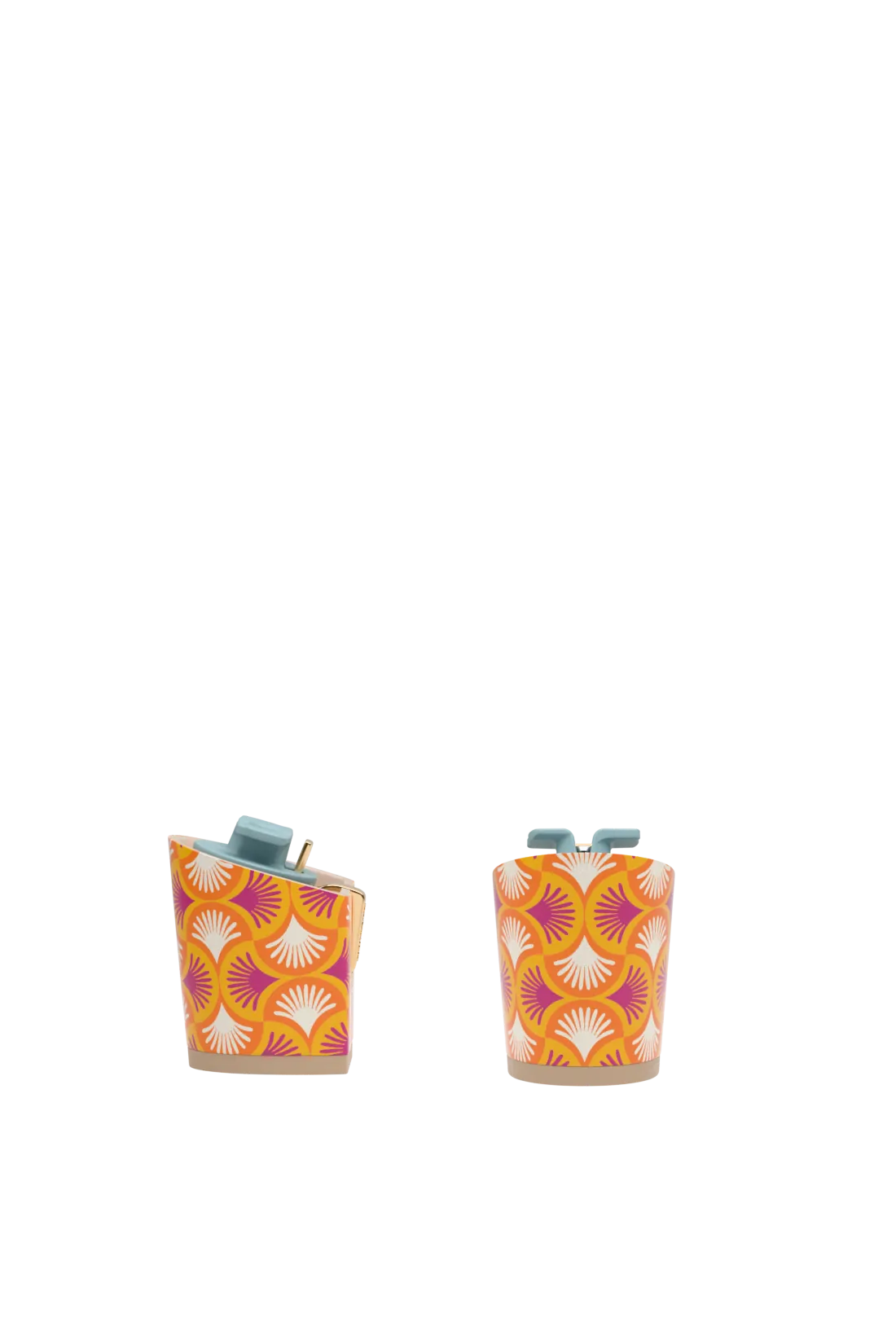 pair of block heel kit with orange deco print with pink and white
