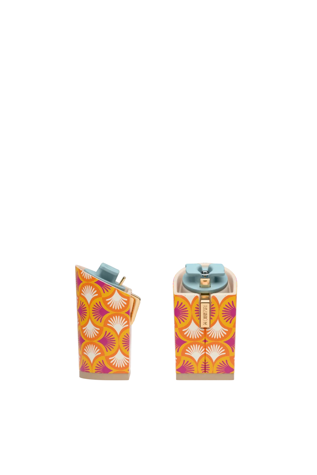 pair of block heel kit with orange deco print with pink and white