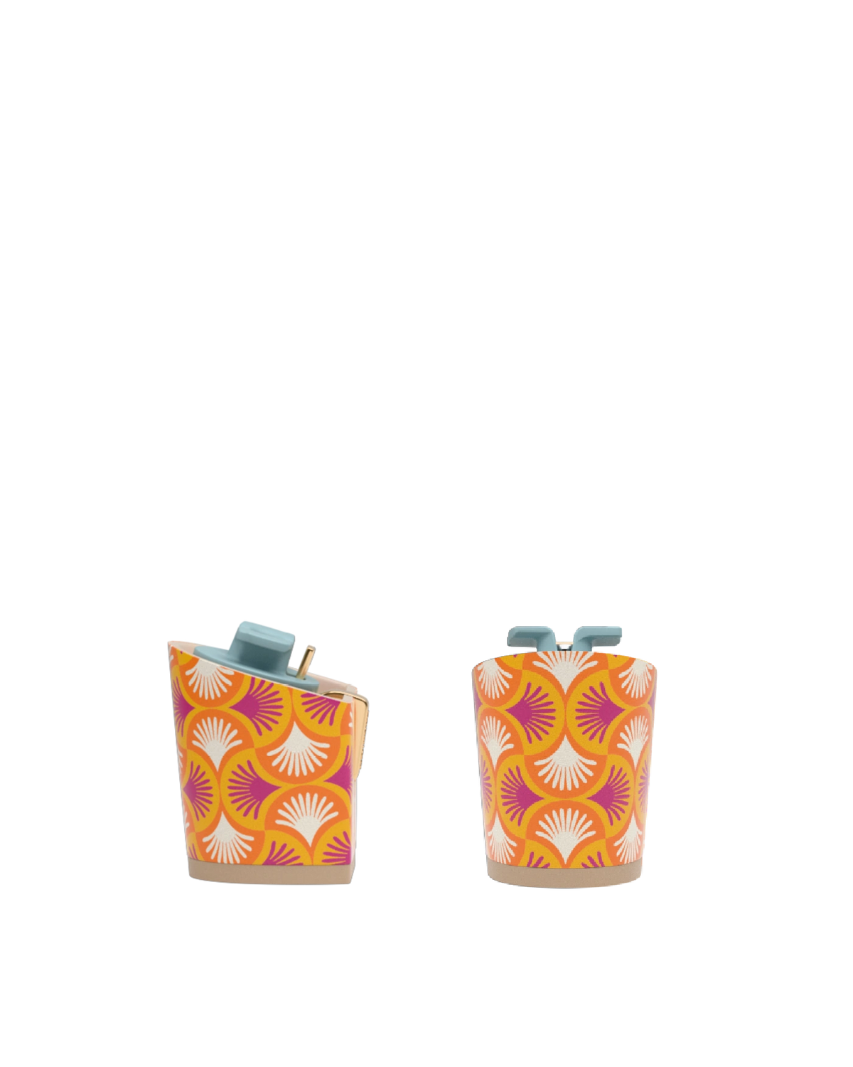 Block Heel Kit 3 Tangerine Deco Print, back view. Pashion convertible heels go from heel to flat and are customizable with interchangeable heel kits.