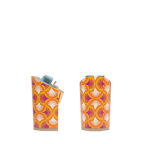 Block Heel Kit 4 Tangerine Deco Print, back view. Pashion convertible heels go from heel to flat and are customizable with interchangeable heel kits.