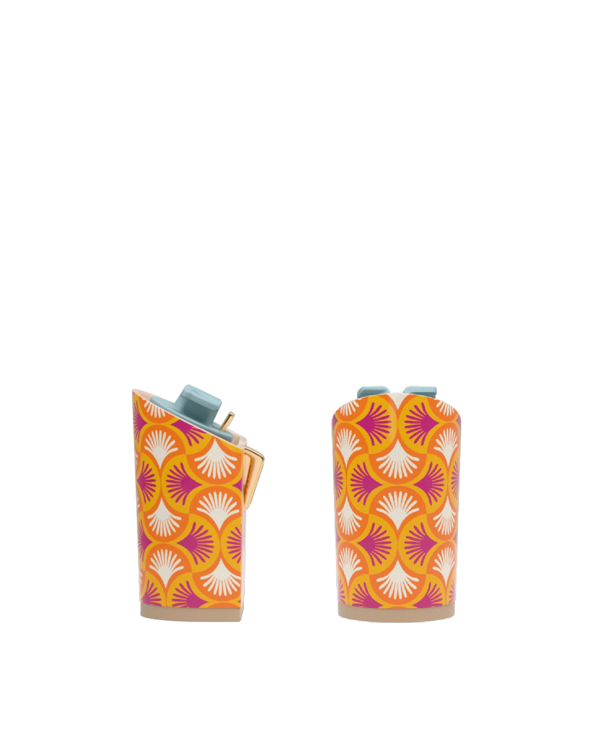 Block Heel Kit 4 Tangerine Deco Print, back view. Pashion convertible heels go from heel to flat and are customizable with interchangeable heel kits.