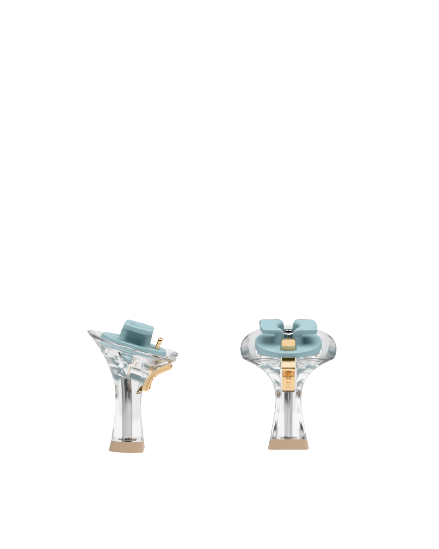 Flare Stiletto Heel Kit 3 Transparent, 3-inch interchangeable flare stiletto heel, side view. Pashion convertible heels go from heel to flat and are customizable with interchangeable heel kits.
