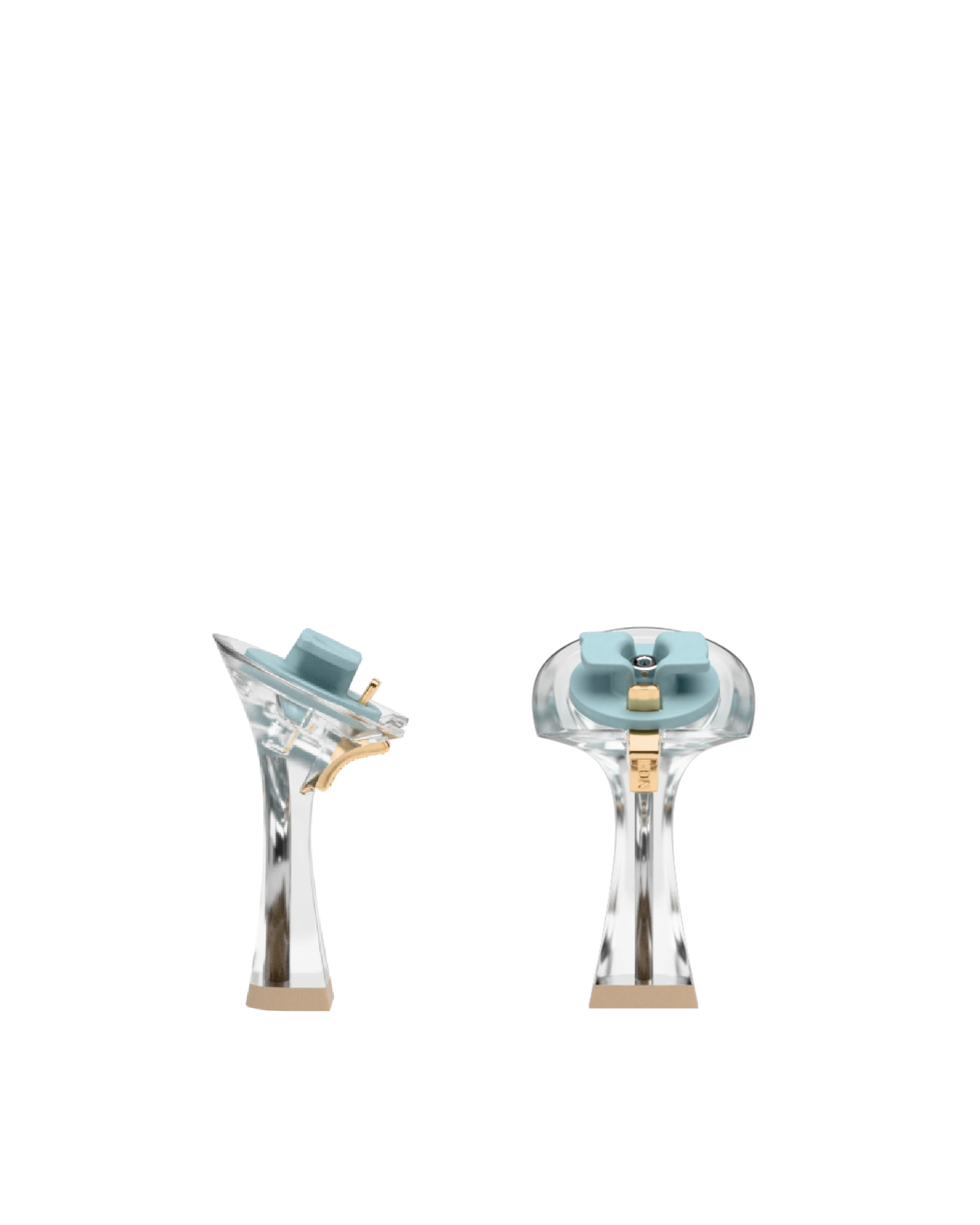 Flare Stiletto Heel Kit 4 Transparent, 4-inch interchangeable flare stiletto heel, side view. Pashion convertible heels go from heel to flat and are customizable with interchangeable heel kits.