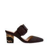 Block Heel Kit 3 Cow Print shown on the Valerie Chocolate Suede upper. Pashion convertible heels go from heel to flat and are customizable with interchangeable heel kits.