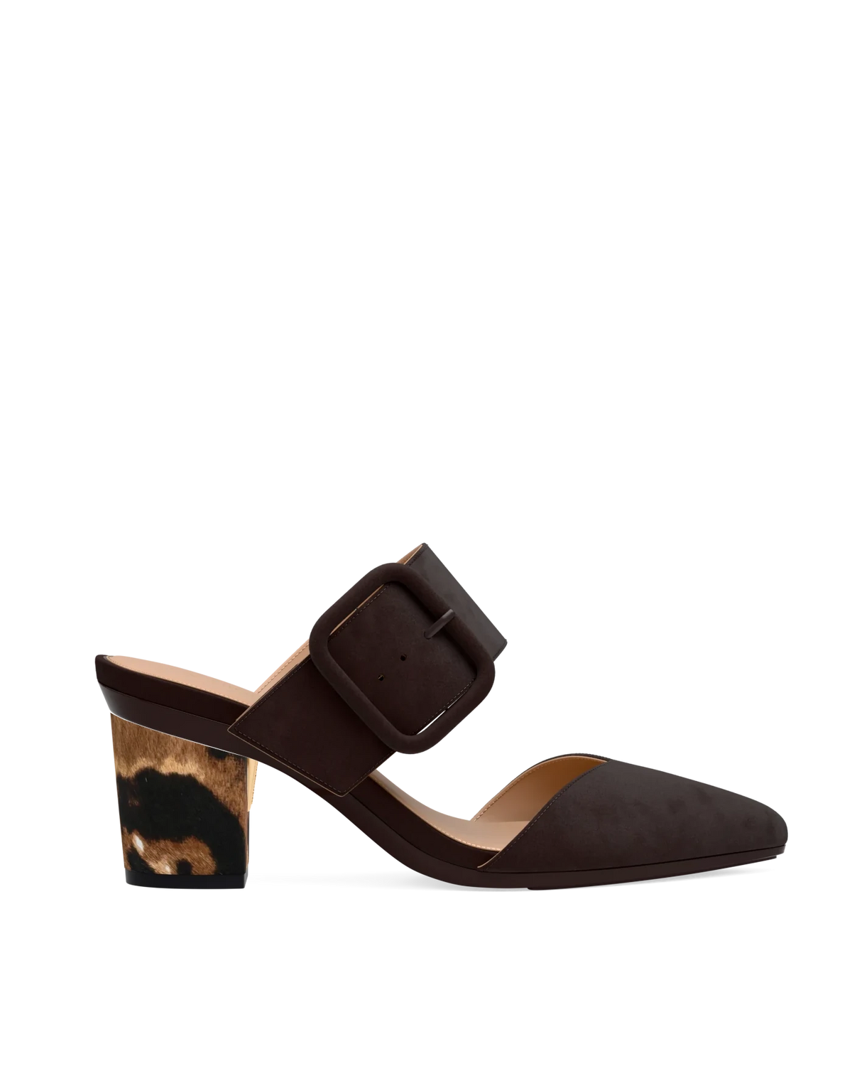 Block Heel Kit 3 Cow Print shown on the Valerie Chocolate Suede upper. Pashion convertible heels go from heel to flat and are customizable with interchangeable heel kits.