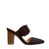 Cylinder Block Heel Kit 4 Light Wood shown on the Valerie Chocolate Suede upper. Pashion convertible heels go from heel to flat and are customizable with interchangeable heel kits.