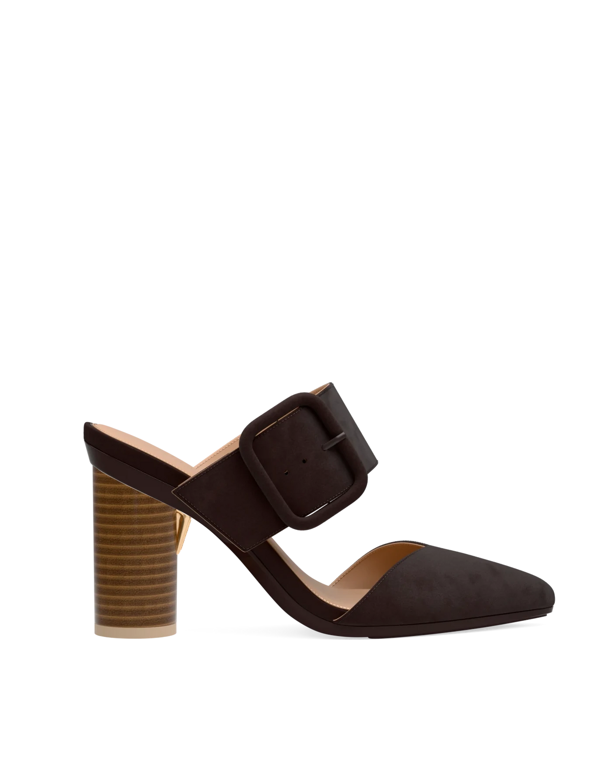 Cylinder Block Heel Kit 4 Light Wood shown on the Valerie Chocolate Suede upper. Pashion convertible heels go from heel to flat and are customizable with interchangeable heel kits.