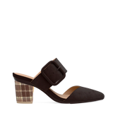 Block Heel Kit 3 Walnut Tartan shown on the Valerie Chocolate Suede upper. Pashion convertible heels go from heel to flat and are customizable with interchangeable heel kits.