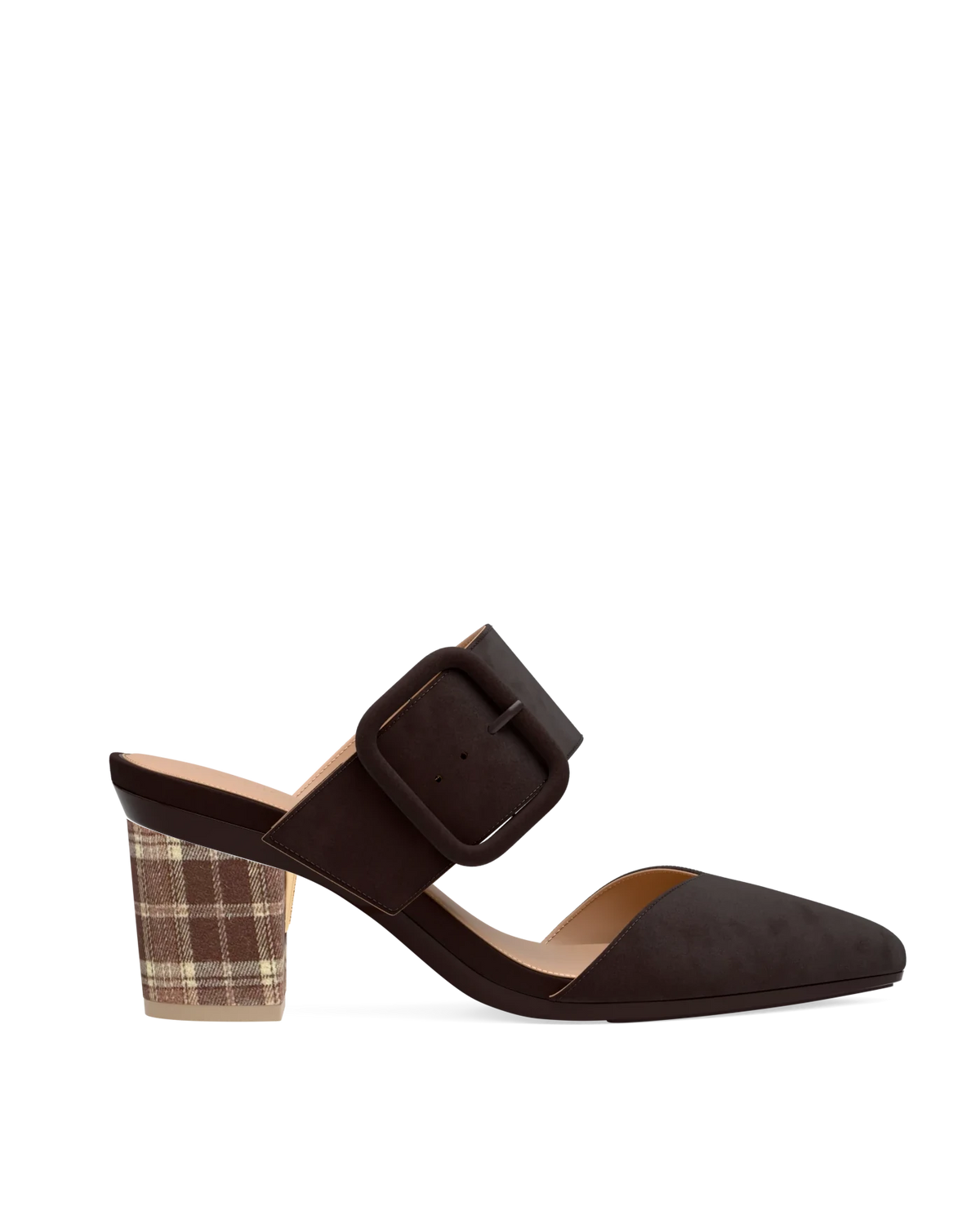 Block Heel Kit 3 Walnut Tartan shown on the Valerie Chocolate Suede upper. Pashion convertible heels go from heel to flat and are customizable with interchangeable heel kits.